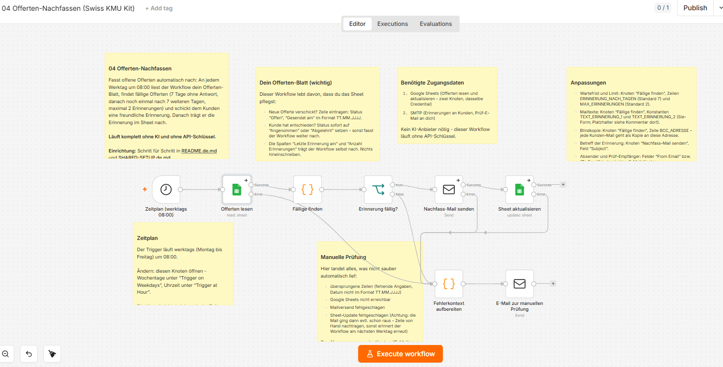 Quote Follow-up for Swiss SMEs: Automatic Reminders via Google Sheets (n8n) — n8n workflow automation template preview